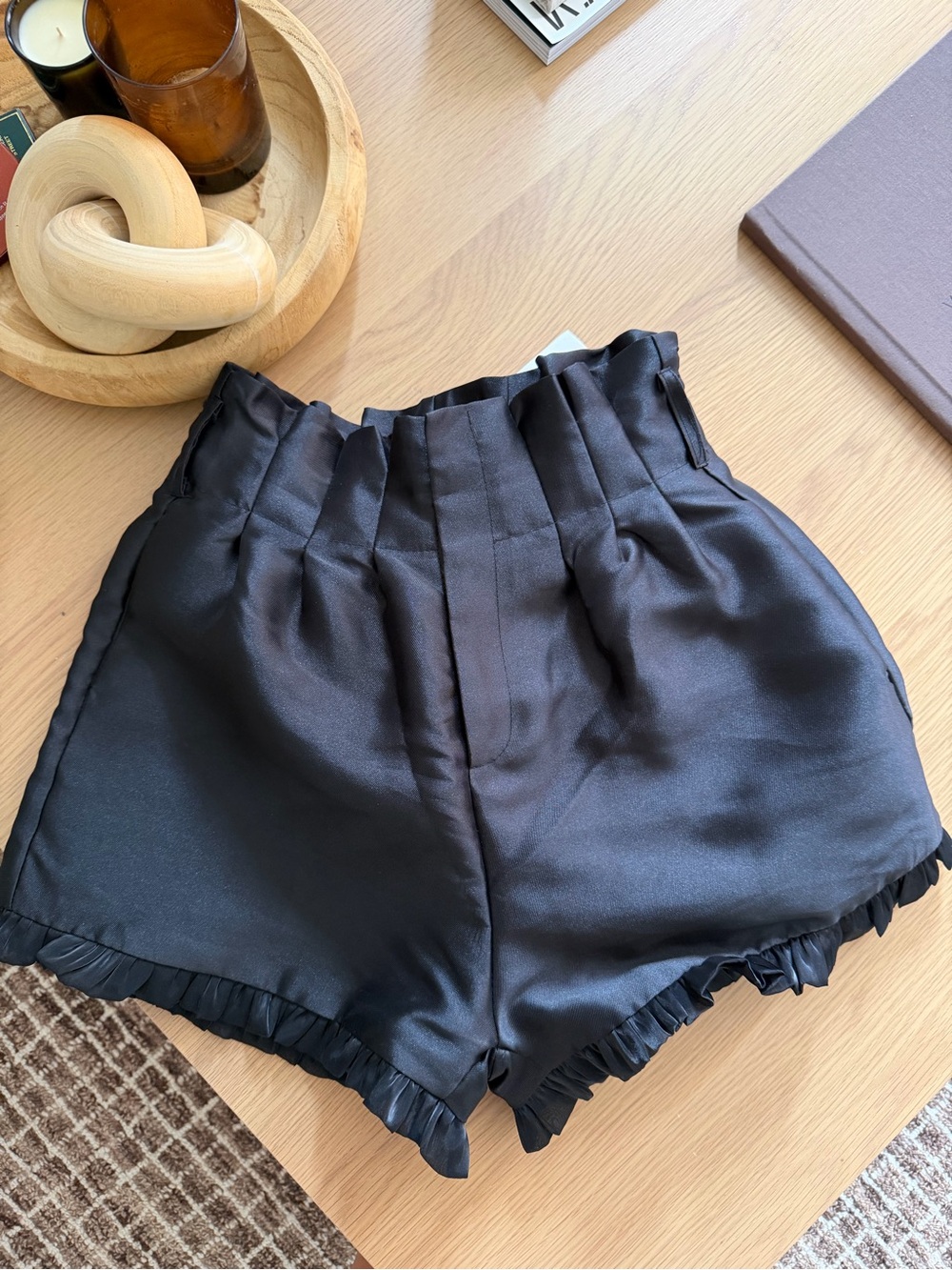 High-Waist Black Satin Ruffle-Hem Shorts